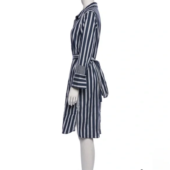 Lafayette 148 Fabiola Twilight Dungaree Blue Stripe Long Sleeve Belted Shirtdres - Picture 3 of 9
